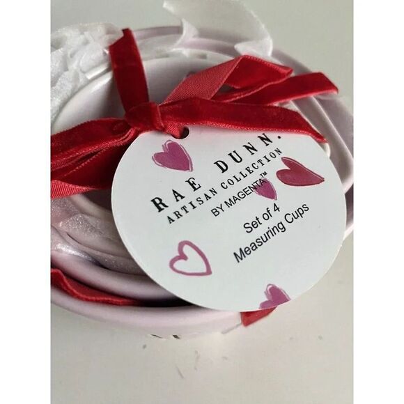 Set Of 4 Rae Dunn VALENTINE PINK Measuring Cups With Heart Cutout Ceramic NEW - Picture 4 of 9